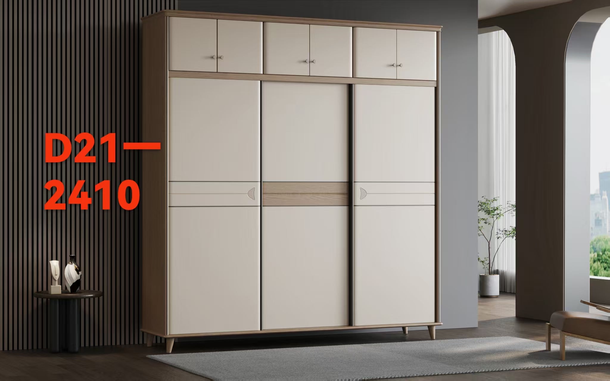 Modern Two - Tone Sliding Door Wardrobe with Top Cabinets-D21-2410